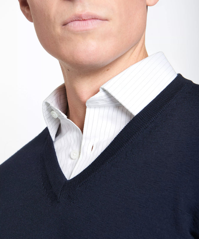 Navy Blue Merino Wool V-Neck Sweater