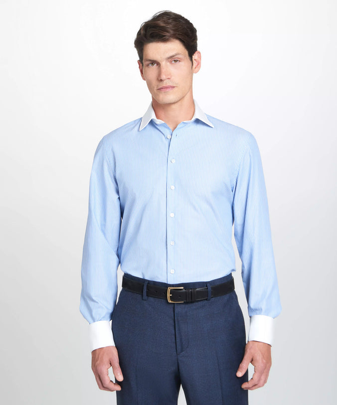 Pale Blue & White Tailored Fit Double Cuff Dandy Stripe Formal Shirt