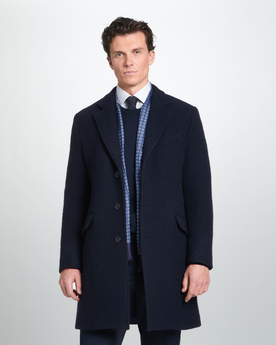 Navy Blue British Wool Herringbone Notch Lapel Overcoat