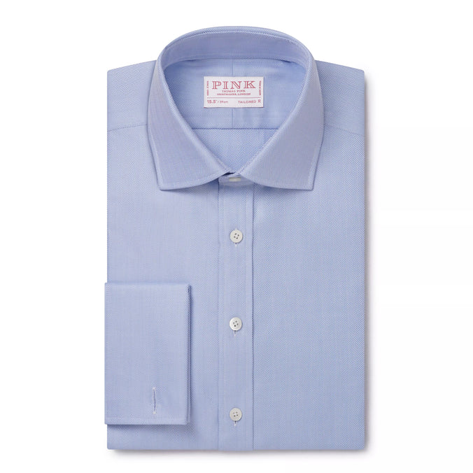 Pale Blue Tailored Fit Double Cuff Twill Herringbone Formal Shirt