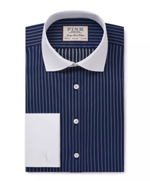 Navy & Blue Tailored Fit Double Cuff Rope Stripe Formal Shirt