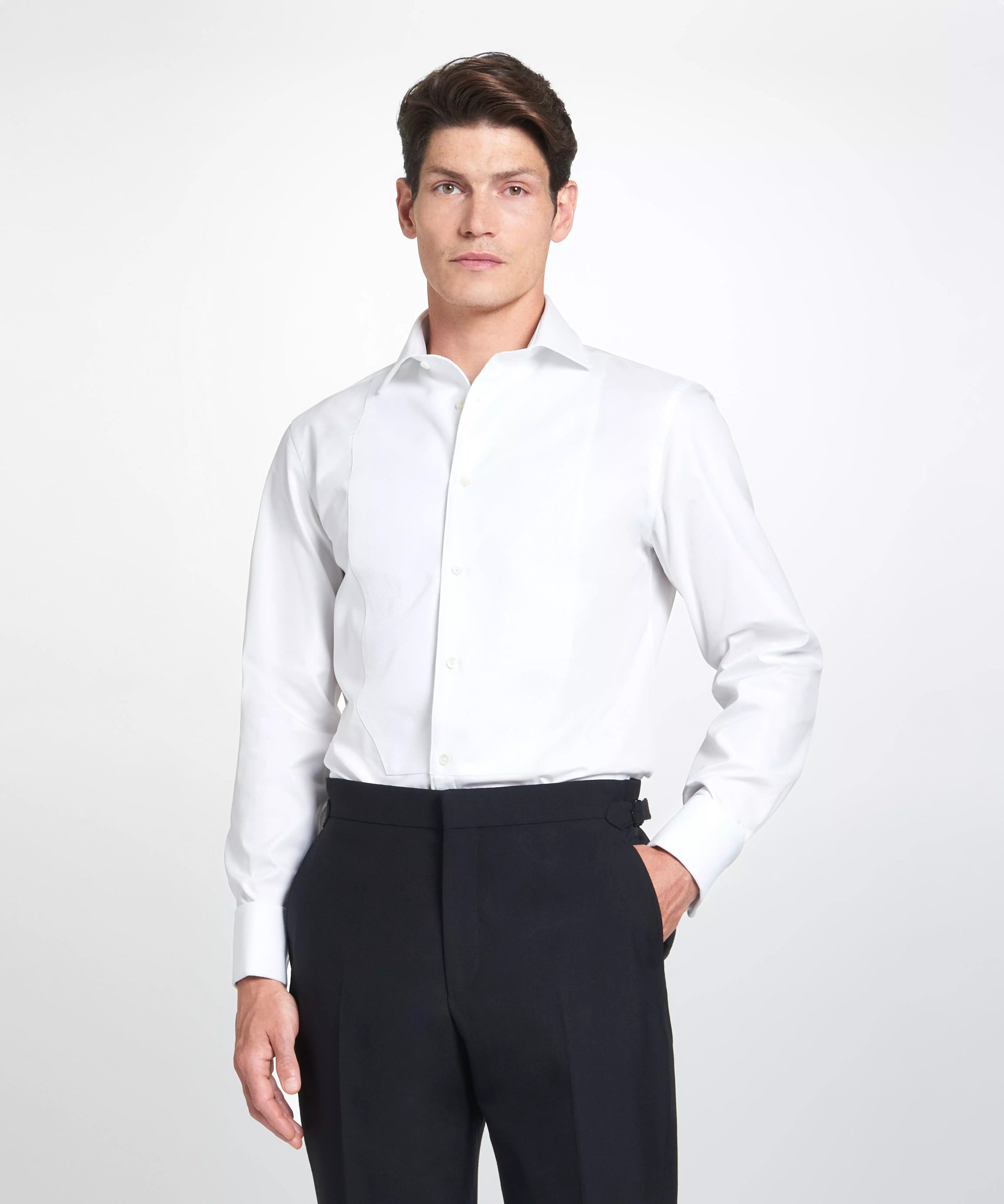 Black Tailored Fit Merino Wool Flat Front Evening Trousers